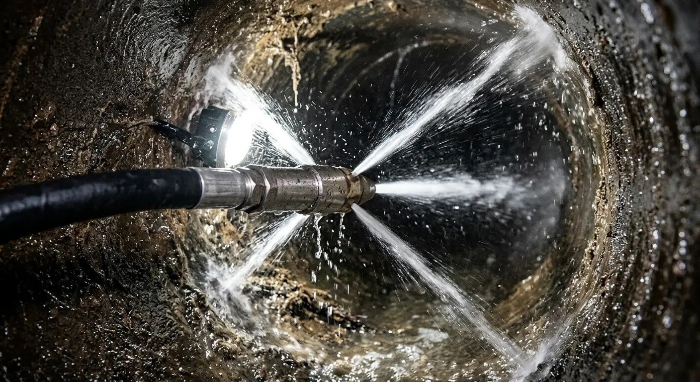 High-pressure hydro jetting nozzle cleaning sewer pipe for Sewer Cleanout in Miami